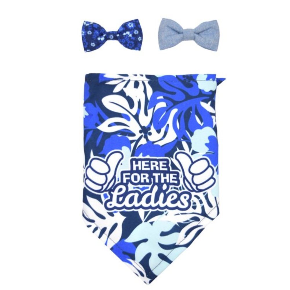 I'M HERE FOR THE LADIES tropical blue dog bandana and bow tie 3 pc set M/L, NWT